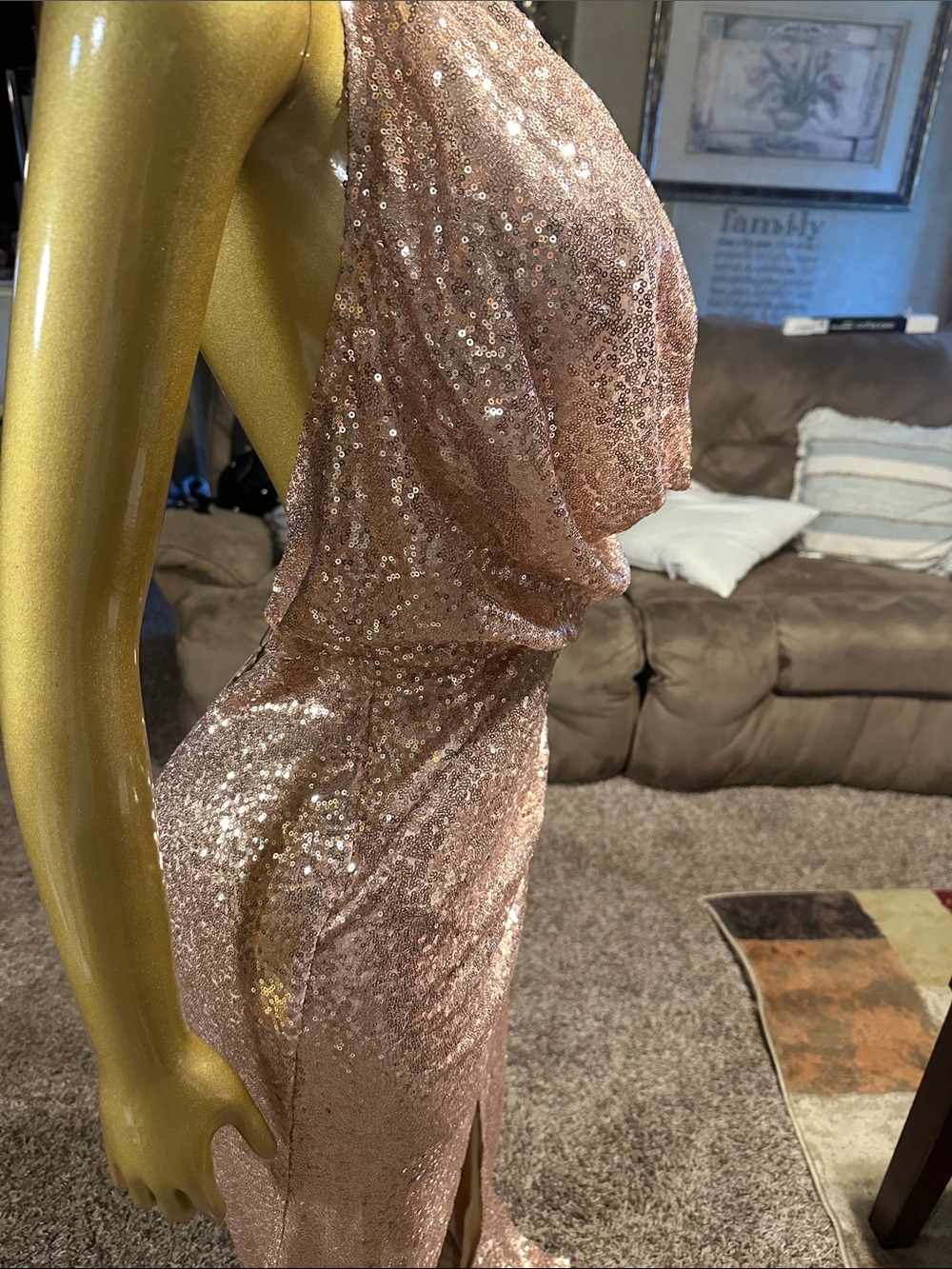 Sequined Cowl Halter Prom Dress in Rose Gold - Picture 6 of 10